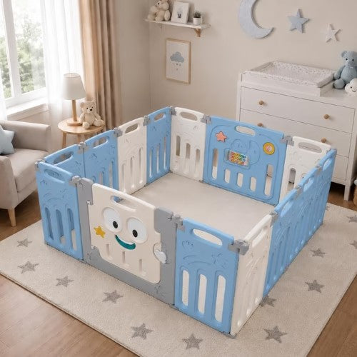 Corral Plegable Happy Star Blue – Gris y Azul (14 Paneles) - Parentise