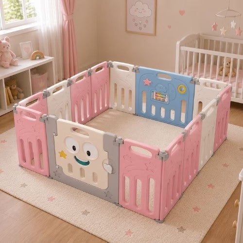 Corral Plegable Happy Star Rose – Gris y Rosado (14 Paneles) - Parentise